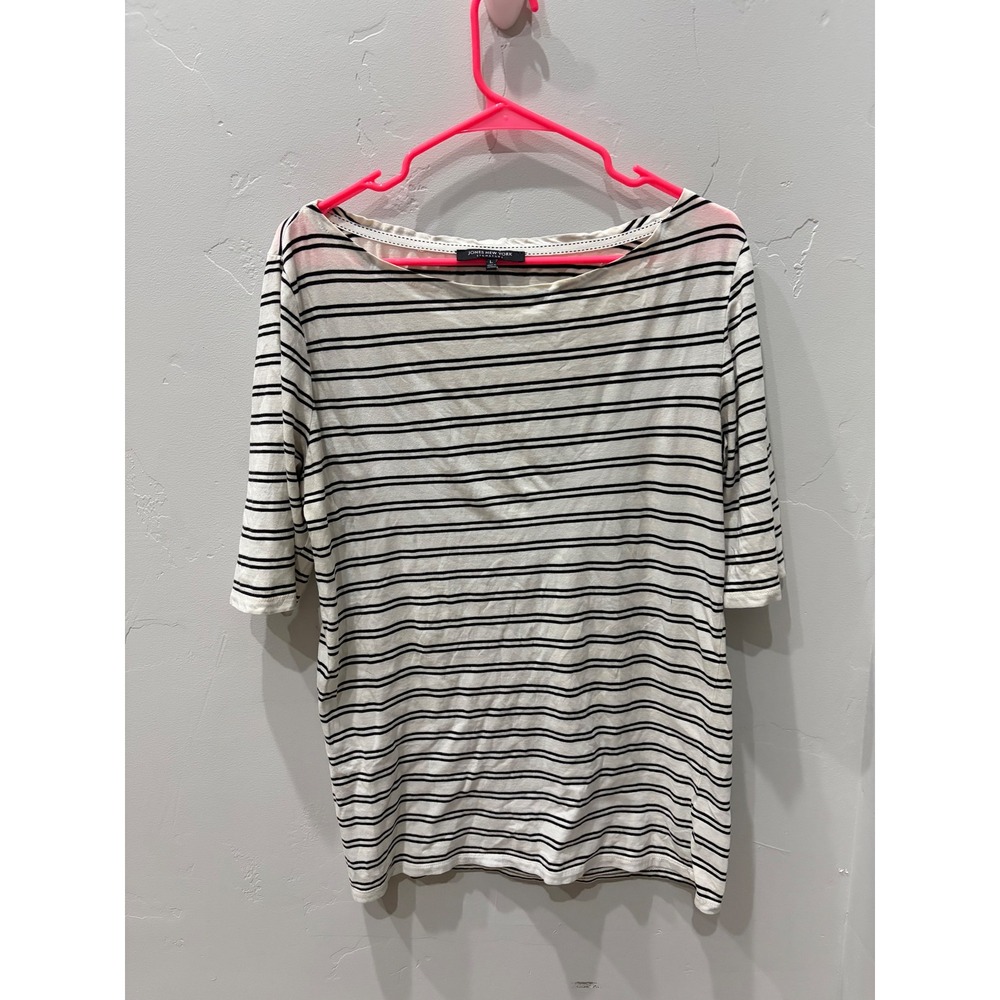 Jones‎ New York Signature Womens Large Striped Boat Neck Elbow Sleeve Top Cream